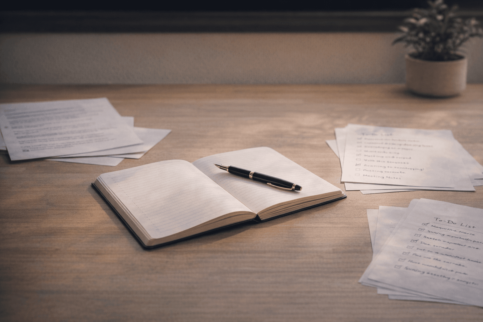 Productivity desk with notebook and task-planning papers.