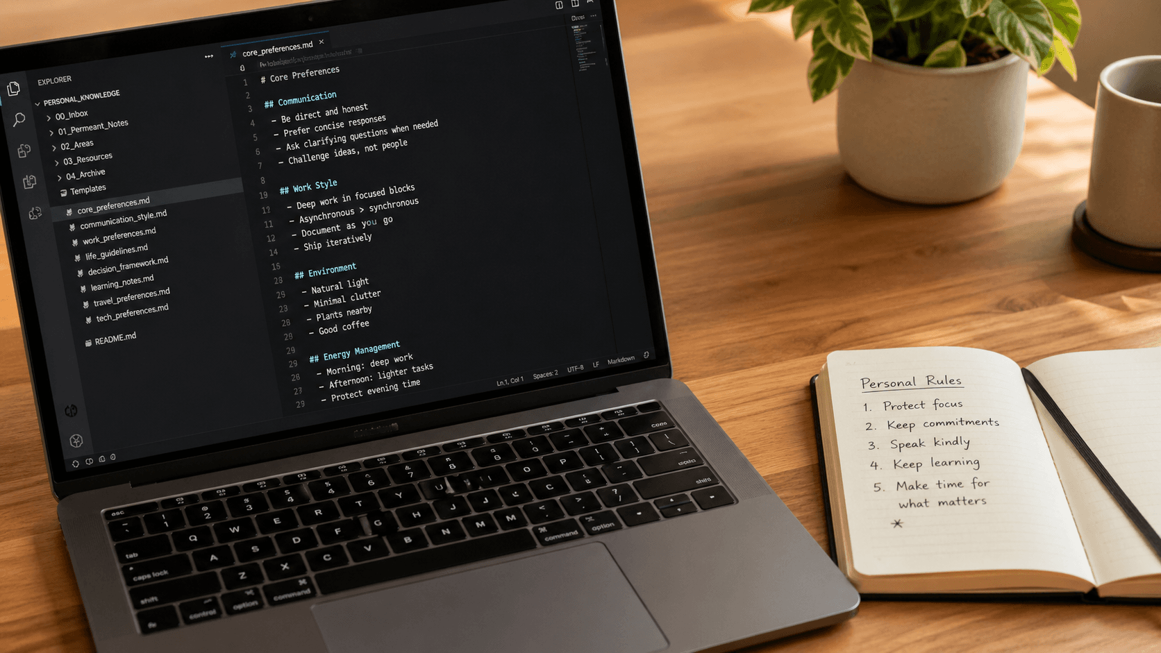 Developer desk with structured notes and a code editor open.