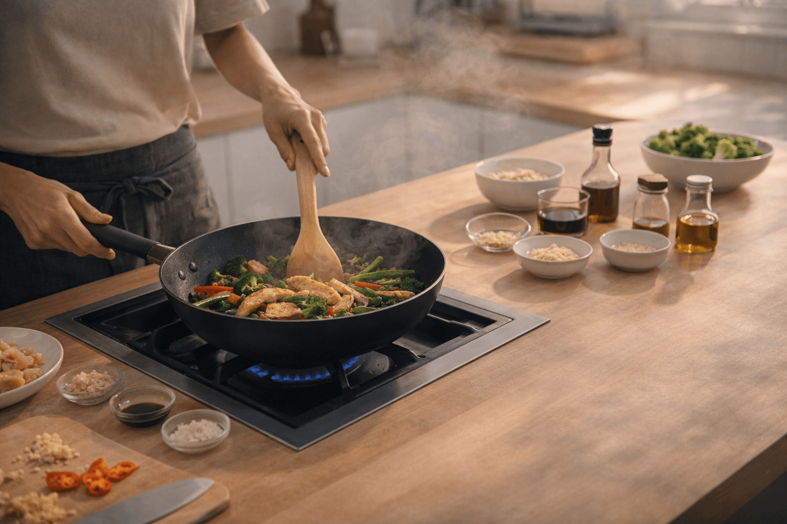 Bright kitchen scene with a stir-fry in progress.