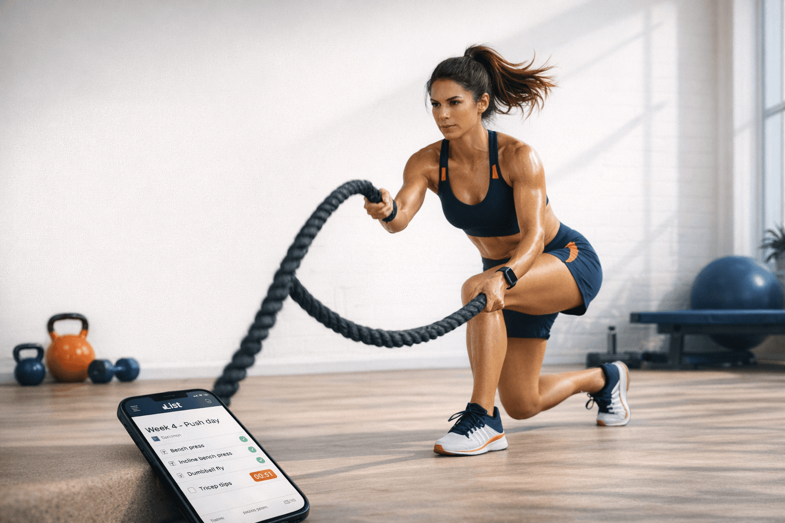 Workout scene with a phone showing the List app.