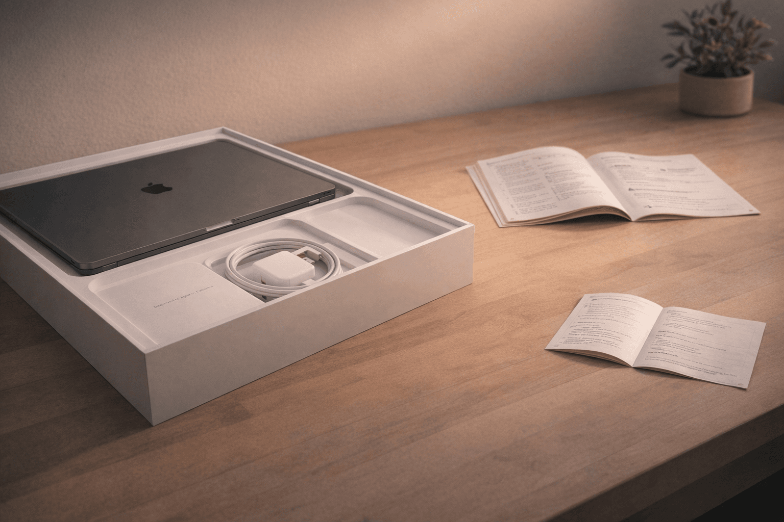 Open package and setup items arranged on a desk.